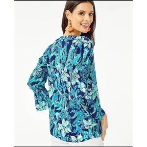 LIlly Pulitzer Maritza‎ Top High Tide Navy Button Down Blue Green Floral Size XS